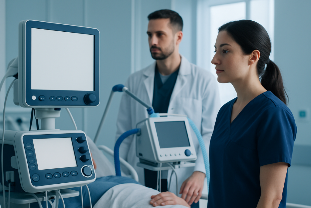 Medical professionals monitoring patient with hospital equipment in a clinical setting.