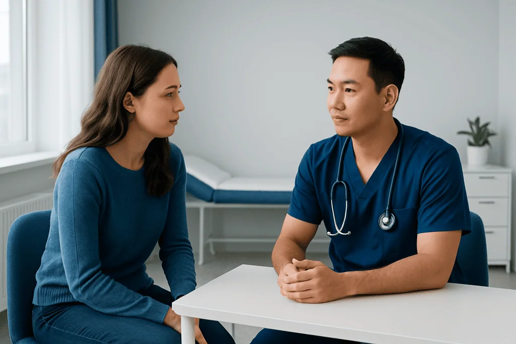 Doctor consulting with a female patient in a modern clinic setting.