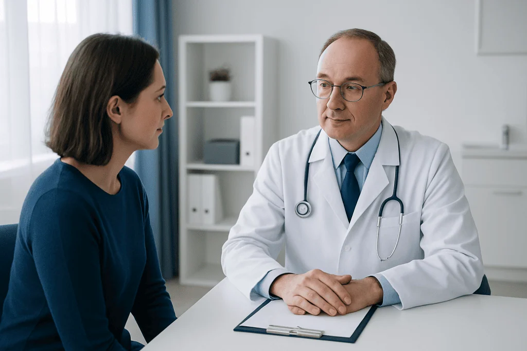 Doctor consulting with a female patient in a modern clinic setting.