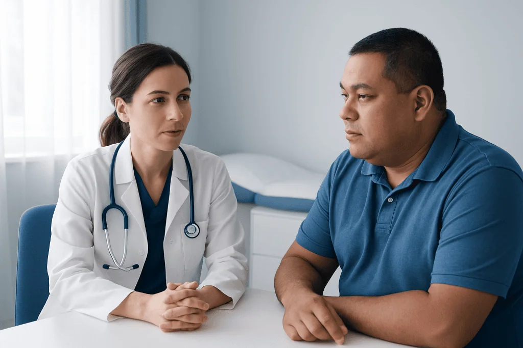 Doctor consulting with male patient in a medical office setting.