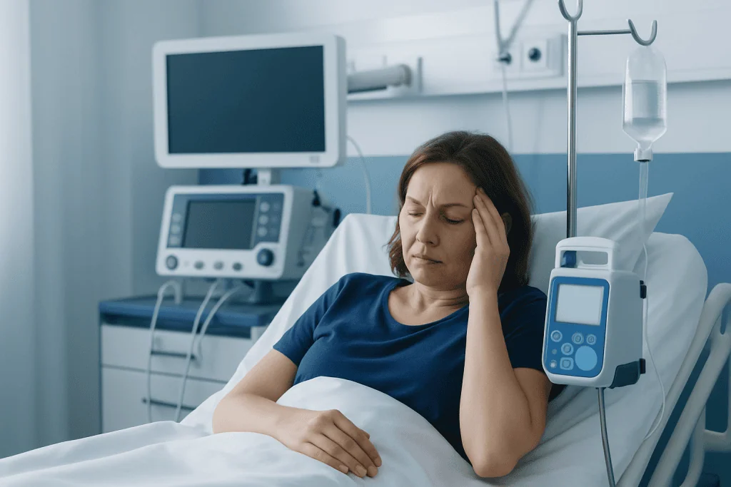 Woman in hospital bed experiencing headache or discomfort.