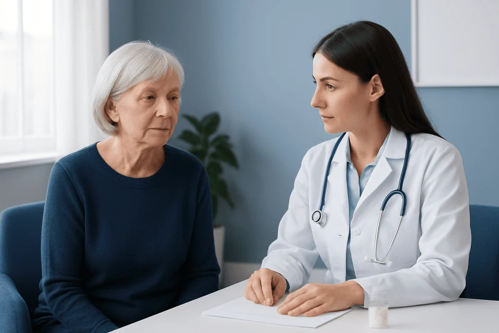 Doctor consulting with elderly woman in a medical office.