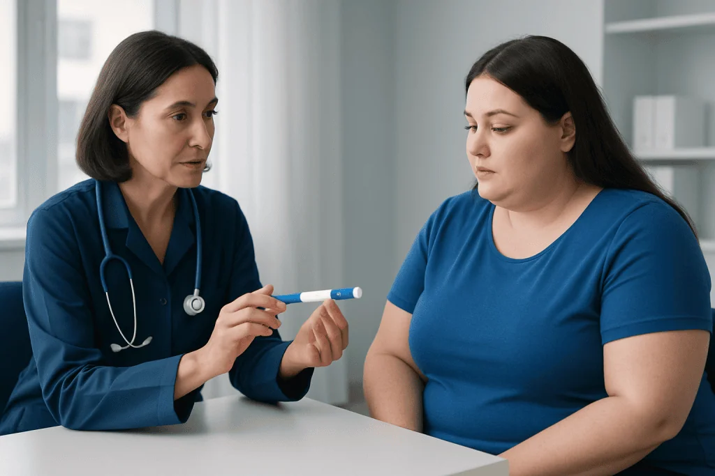 Doctor explaining medication to a patient in a clinical setting.