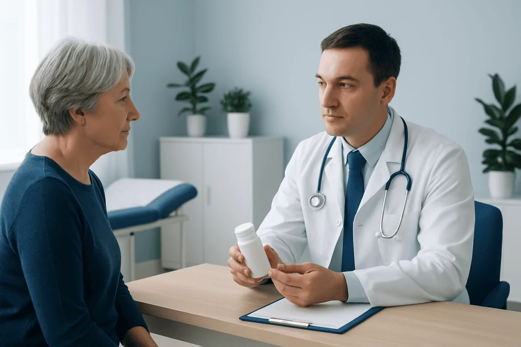 Doctor explaining medication to elderly woman in consultation room.