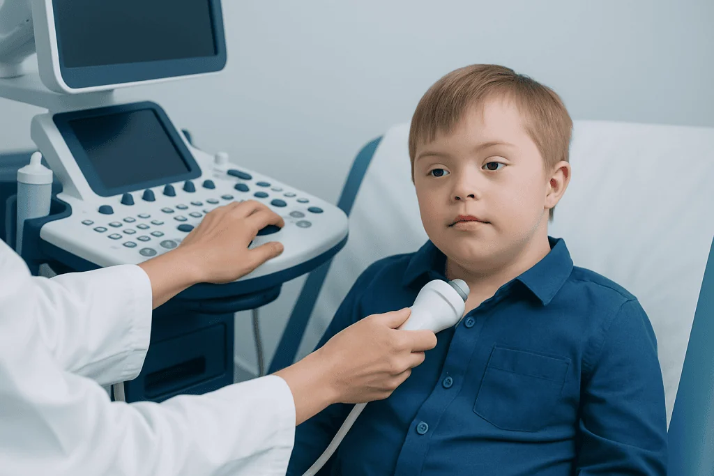 Pediatric ultrasound examination for a young boy at a hospital.