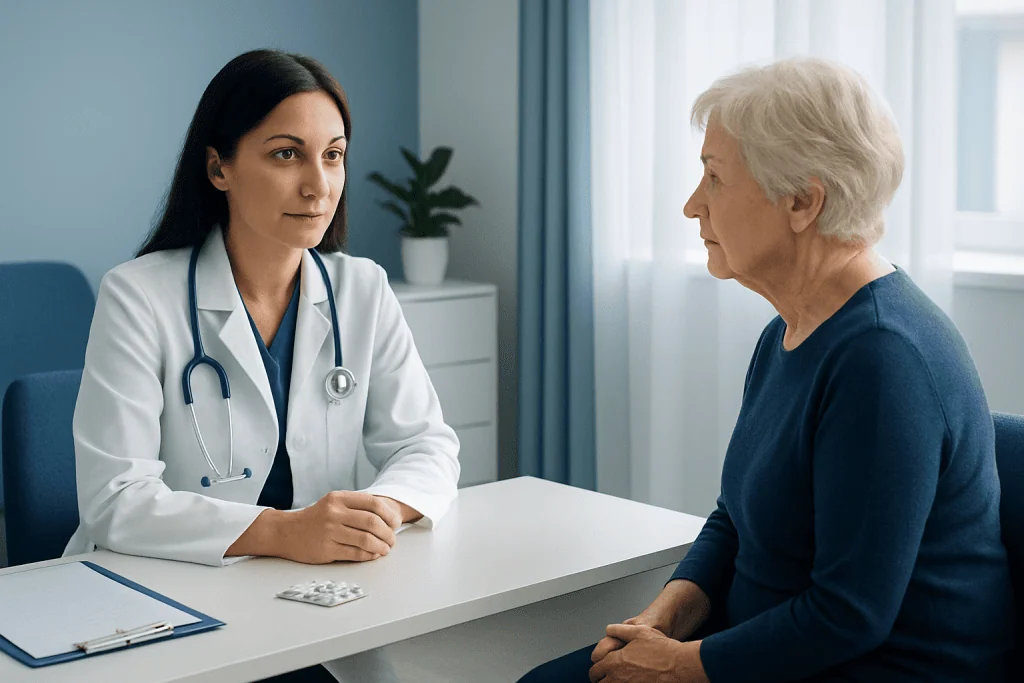 Doctor consulting with elderly patient in a medical office.