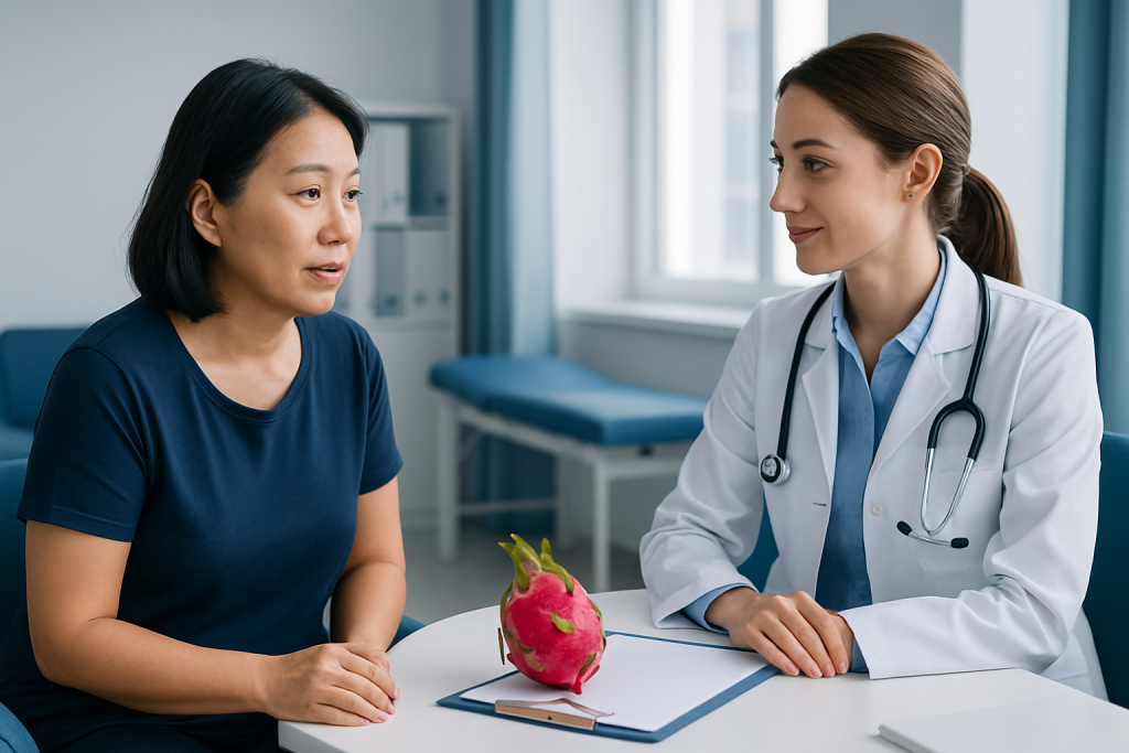 Doctor consulting with patient about dragon fruit health benefits.