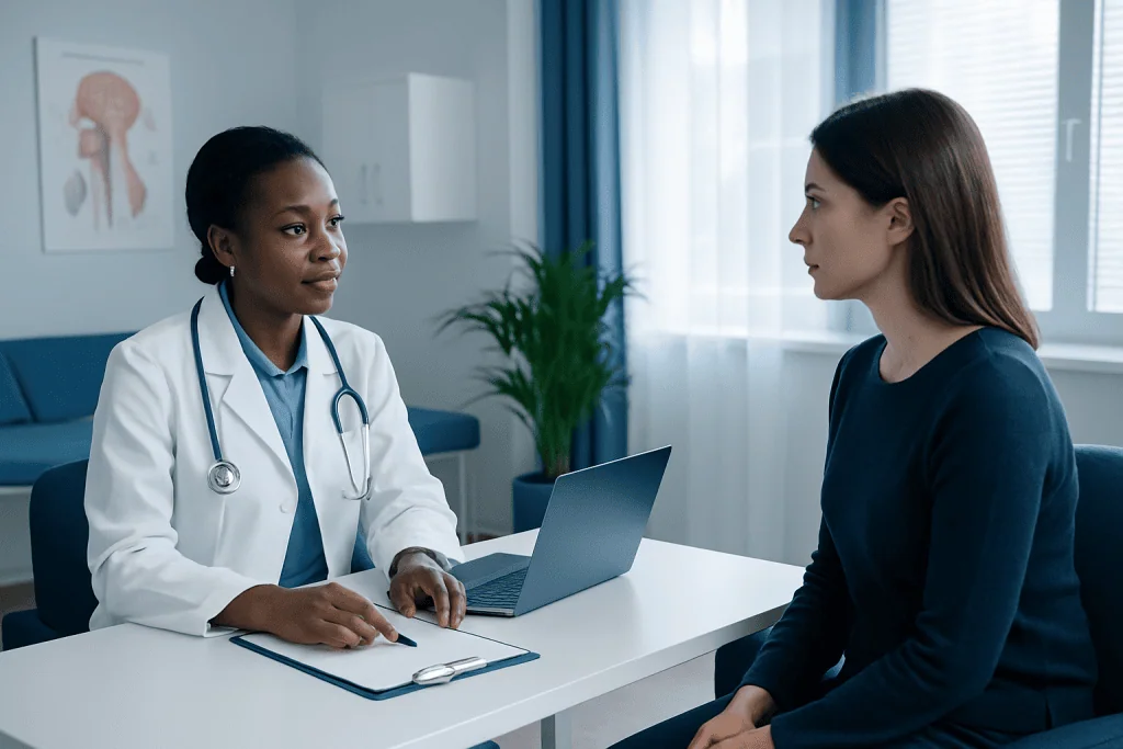 Doctor consulting with patient in a medical office setting.