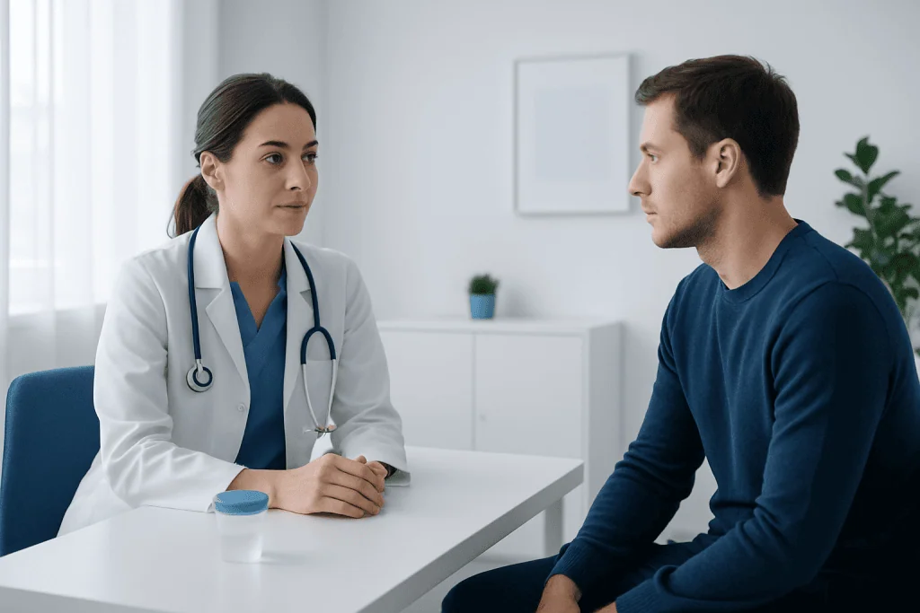 Doctor consulting with a patient in a medical office setting.
