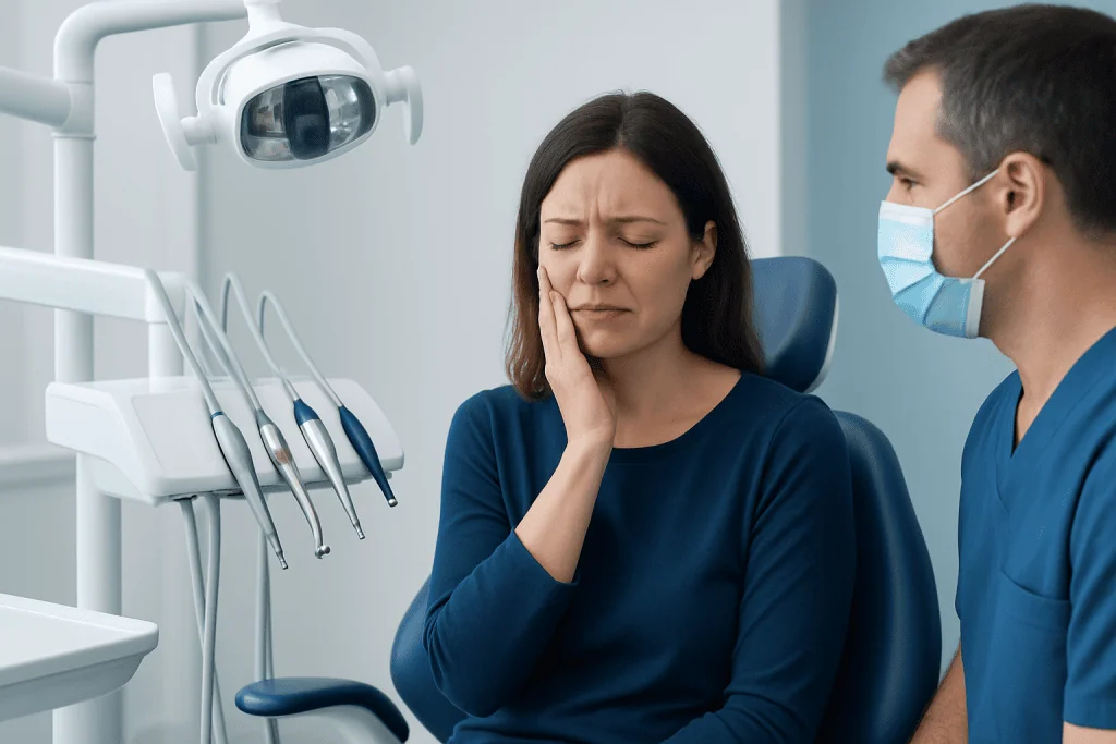 Patient experiencing dental pain during a consultation at a dental clinic.