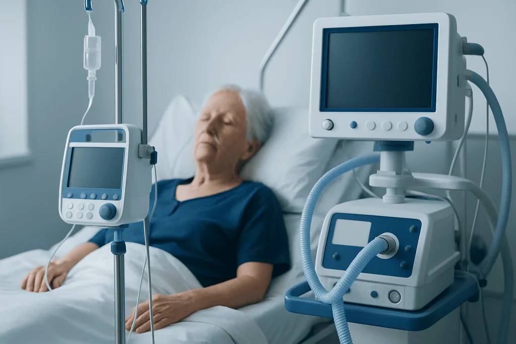 Elderly patient in hospital bed connected to medical ventilator and monitoring equipment.