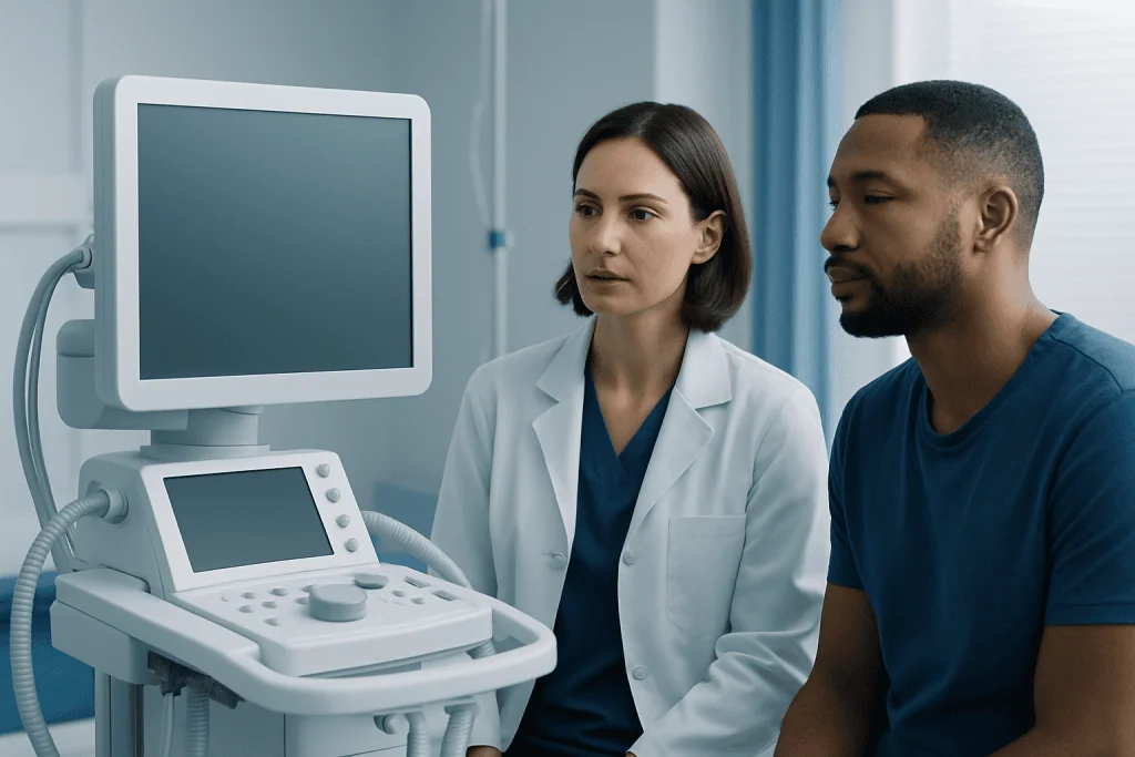 Medical professionals using ultrasound equipment in a hospital setting.