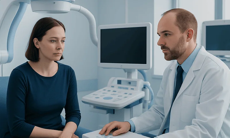 Doctor consulting with a patient in a medical examination room.