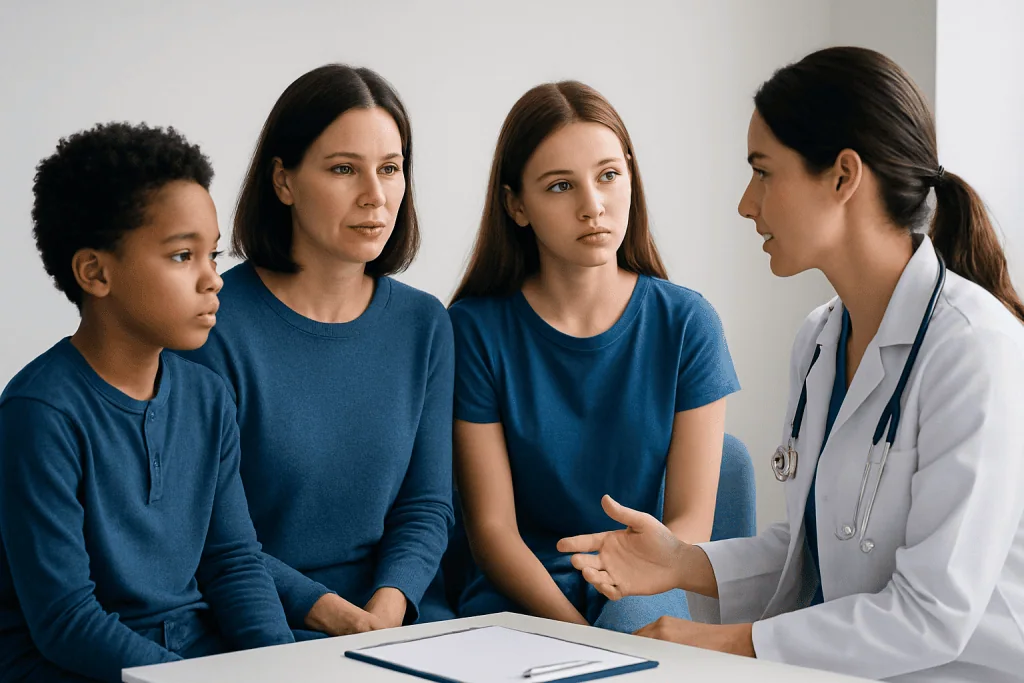 Doctor consulting with a family about health concerns in a medical office.