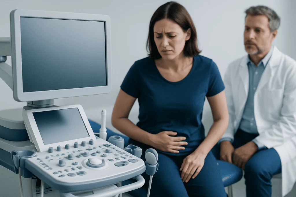 Woman experiencing abdominal pain during a medical examination at Acibadem Hospital.
