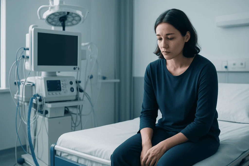 Woman sitting on hospital bed in a medical examination room.