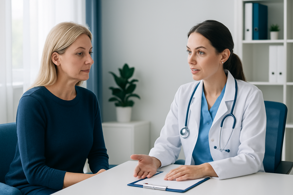 Doctor consulting with a patient in a modern clinic setting.