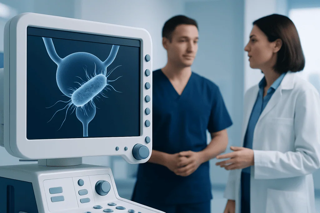 Medical professionals discussing urinary tract infection diagnosis with bacteria image.