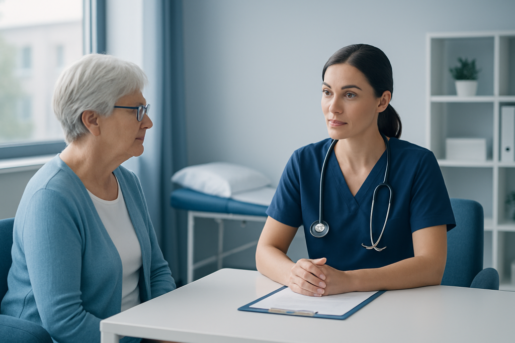 Doctor consulting with elderly patient in a medical office.