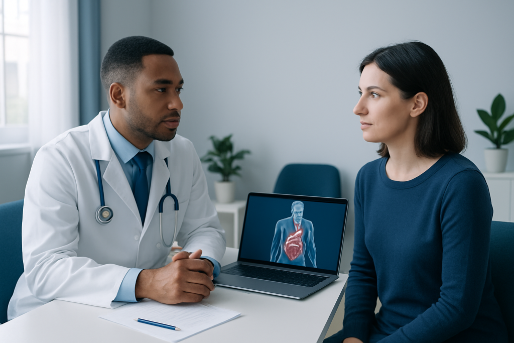 Doctor consulting with female patient in a medical office.