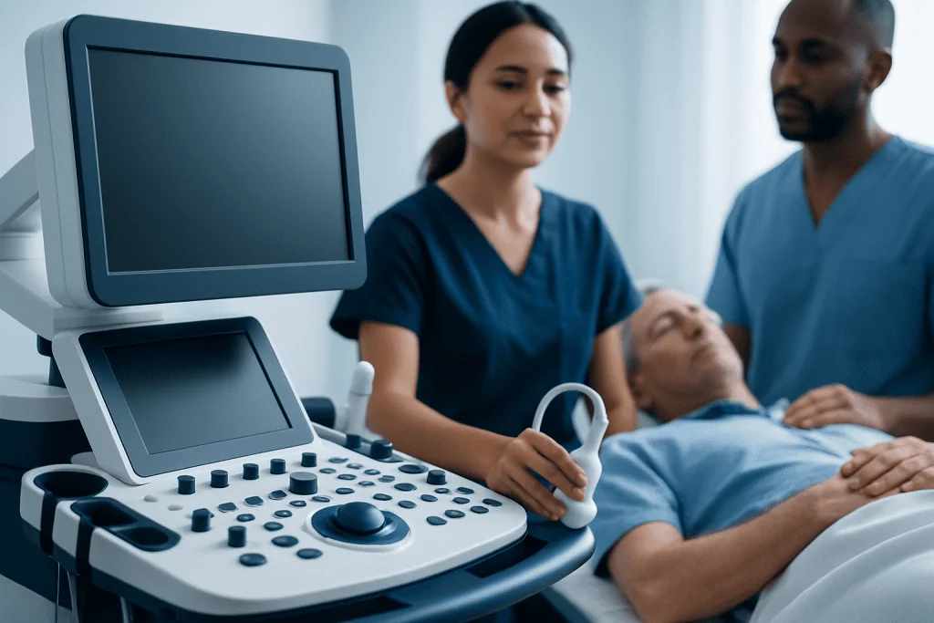 Medical professionals performing an ultrasound examination on a patient.