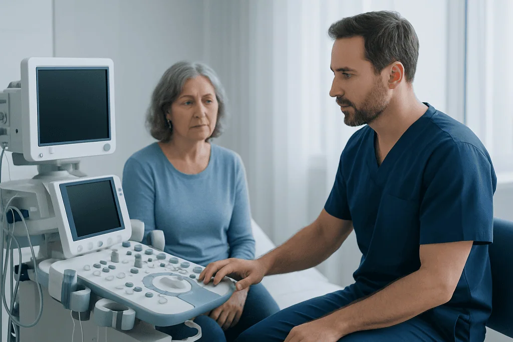 Doctor performing an ultrasound exam on an elderly woman in a medical clinic.