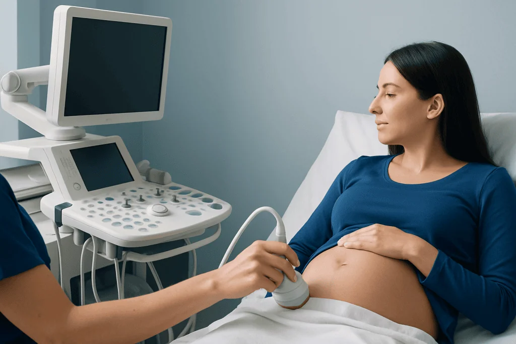 Pregnant woman undergoing ultrasound examination at hospital.