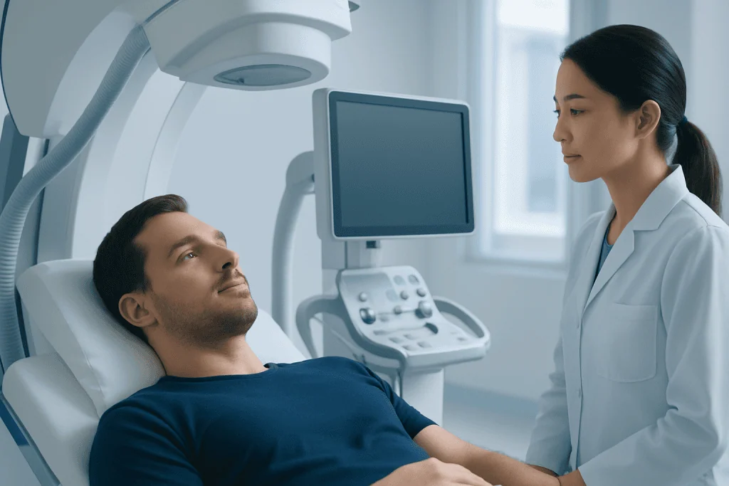 Doctor consulting with patient in a modern hospital room.