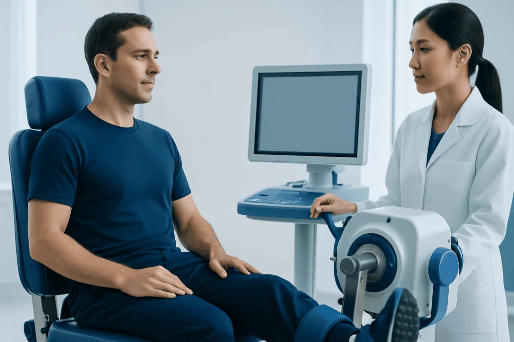 Doctor explains exercise equipment to patient in a medical clinic.