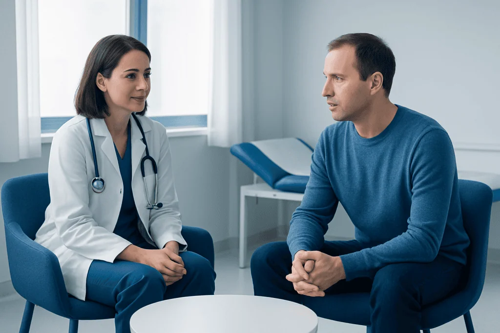 Doctor consulting patient in a medical office setting.