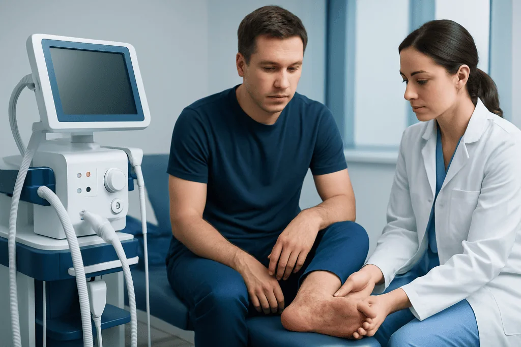 Doctor examining patient's foot in a medical consultation room.