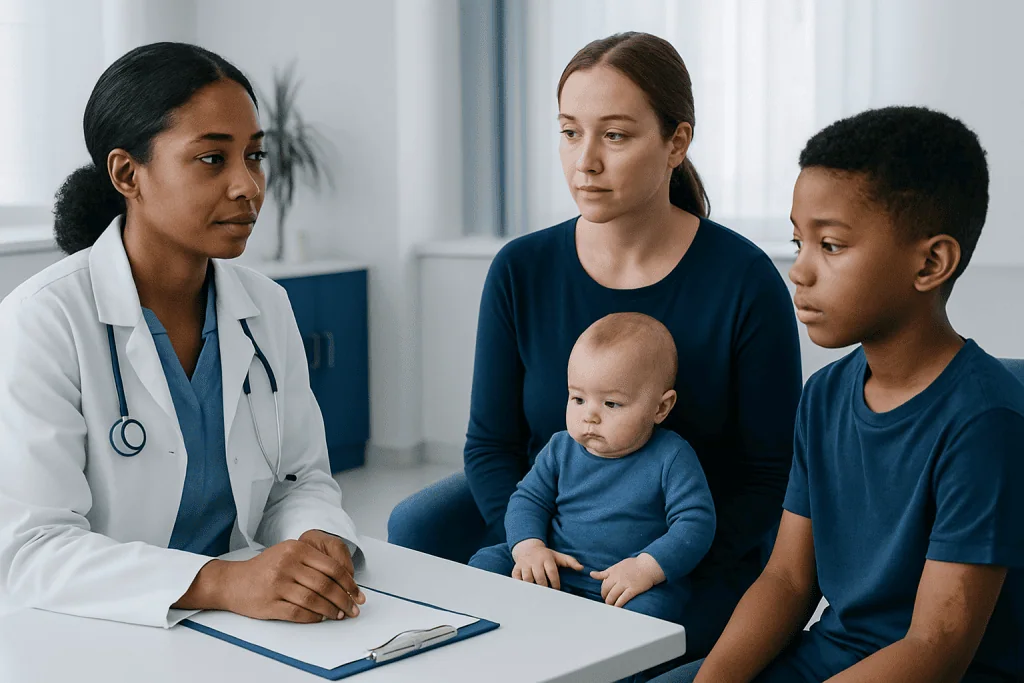 Doctor consulting with a family in a medical office setting.