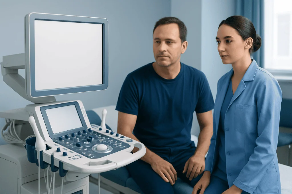 Doctor and patient in a medical consultation with ultrasound equipment.