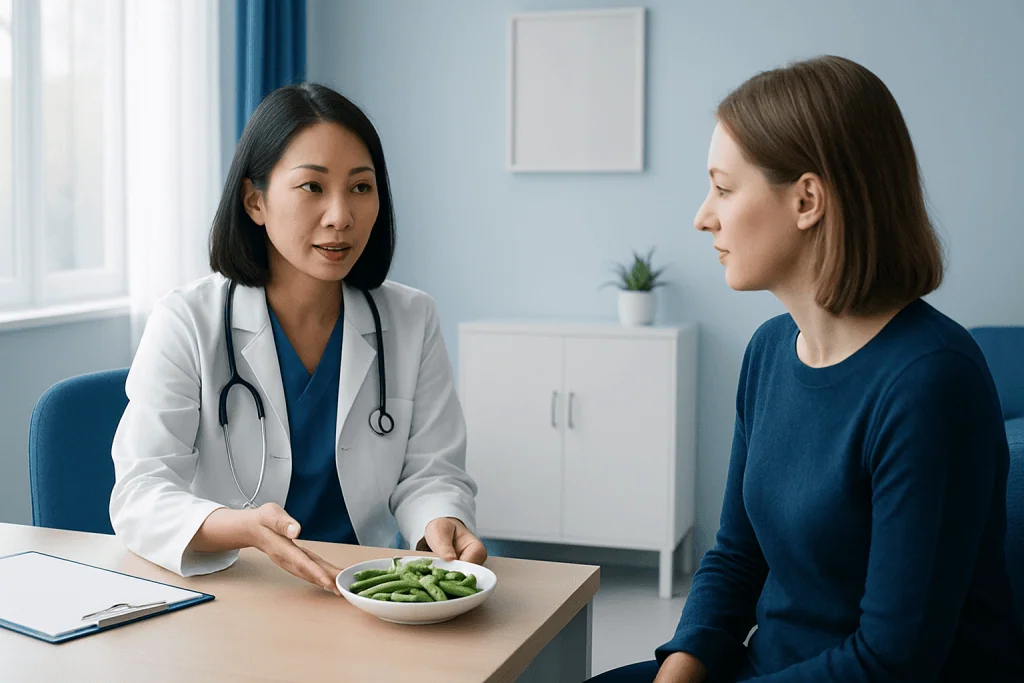 Doctor explaining edamame benefits to patient in consultation room.