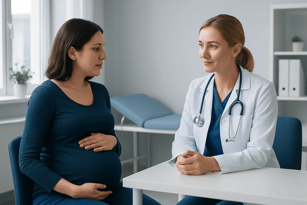 Pregnant woman consulting with a doctor in a medical office.