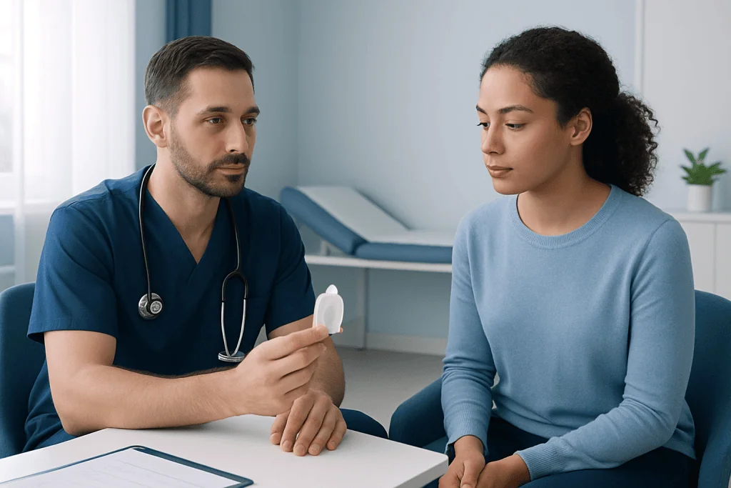 Doctor explaining condom use to a patient in a consultation room.
