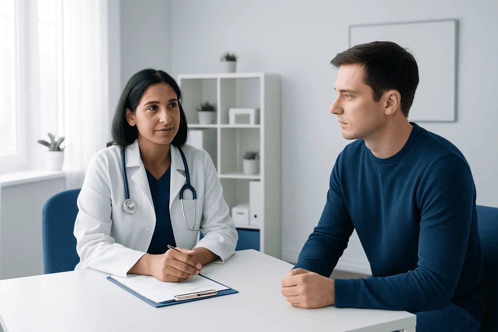 Doctor consulting male patient in a modern medical office.