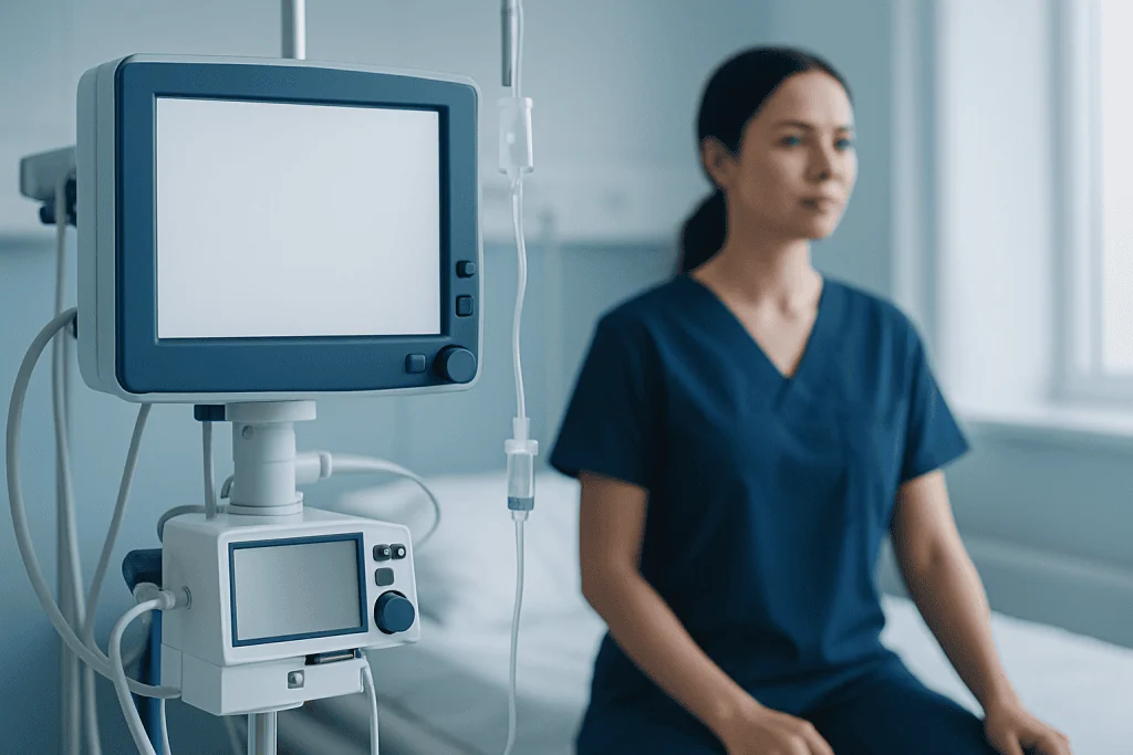 Medical professional in a hospital room with monitoring equipment.