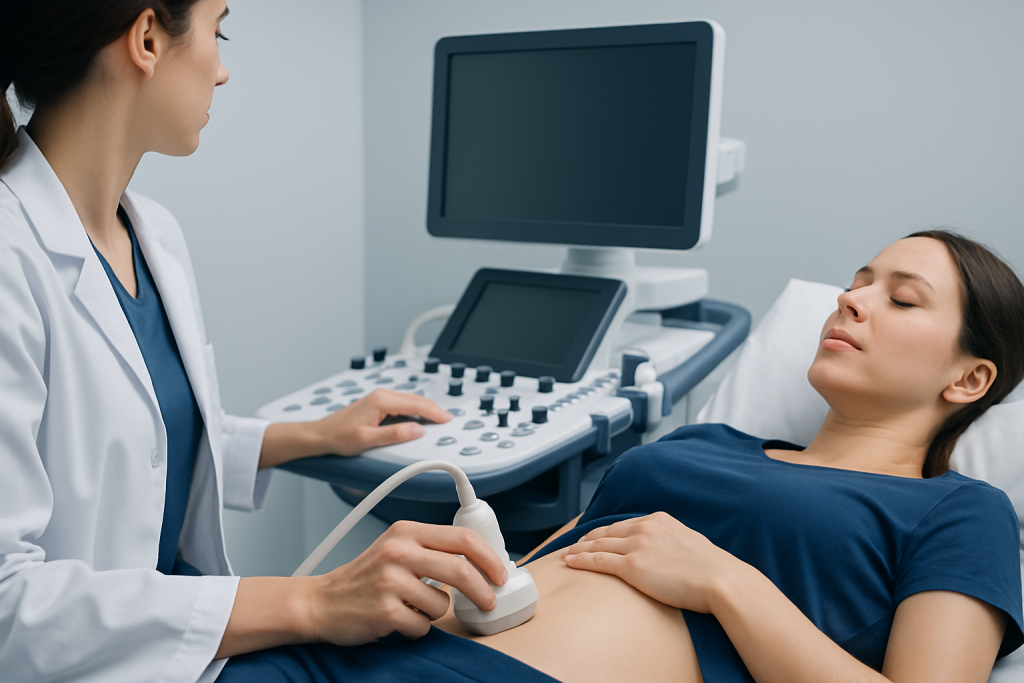 Medical professional performing abdominal ultrasound on patient in hospital.