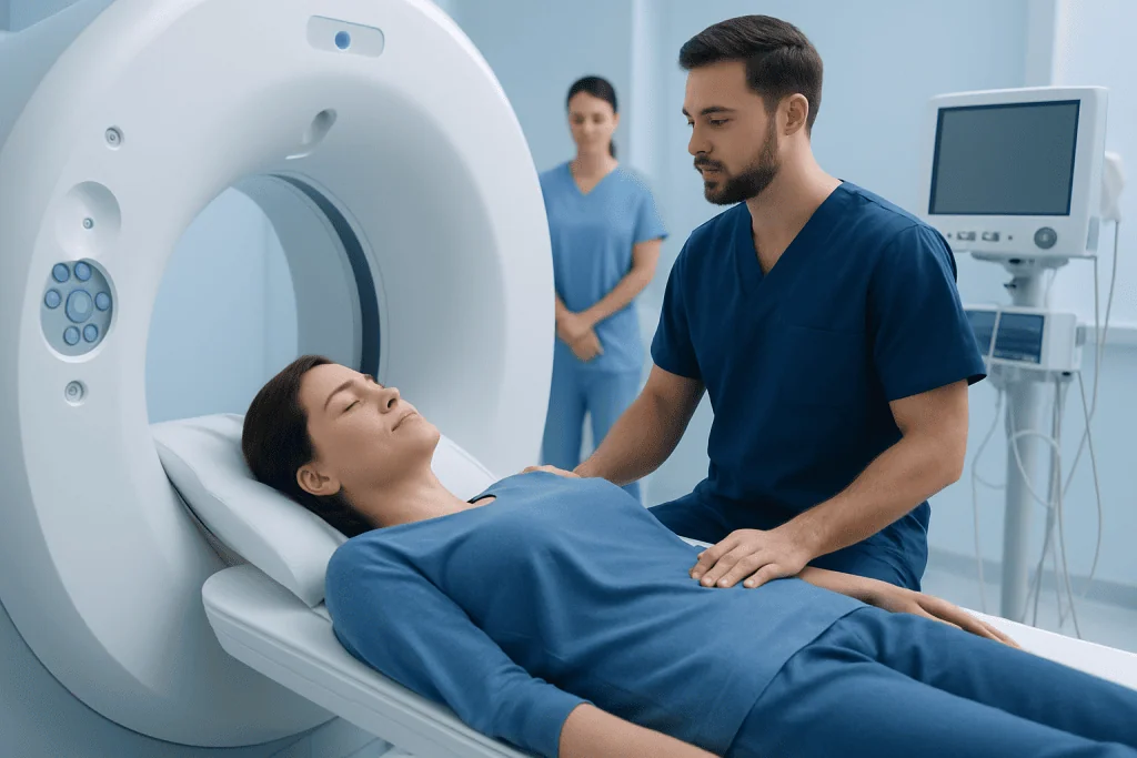 Patient undergoing a CT scan at Acibadem Hospital with medical staff present.