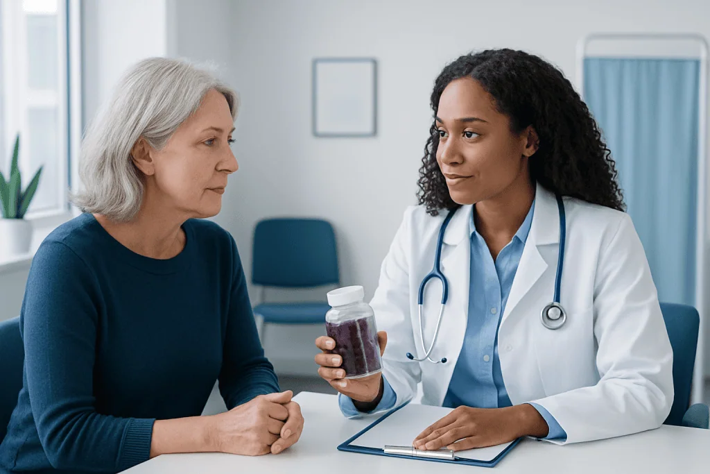 Doctor explaining elderberry supplement benefits to patient in clinic.