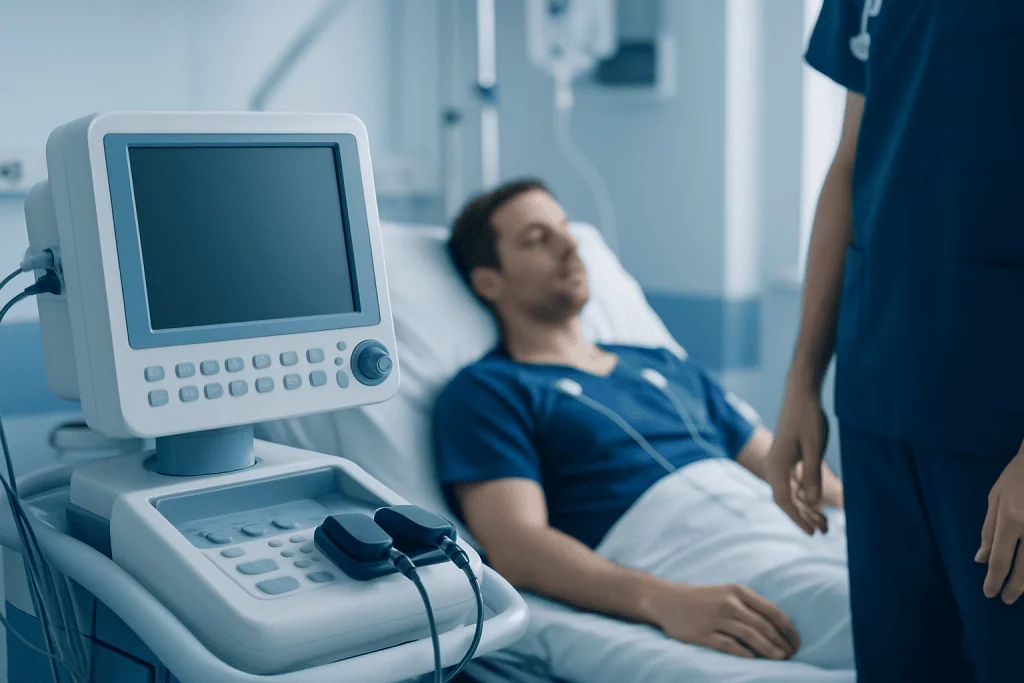 Patient in hospital bed connected to medical monitoring equipment.