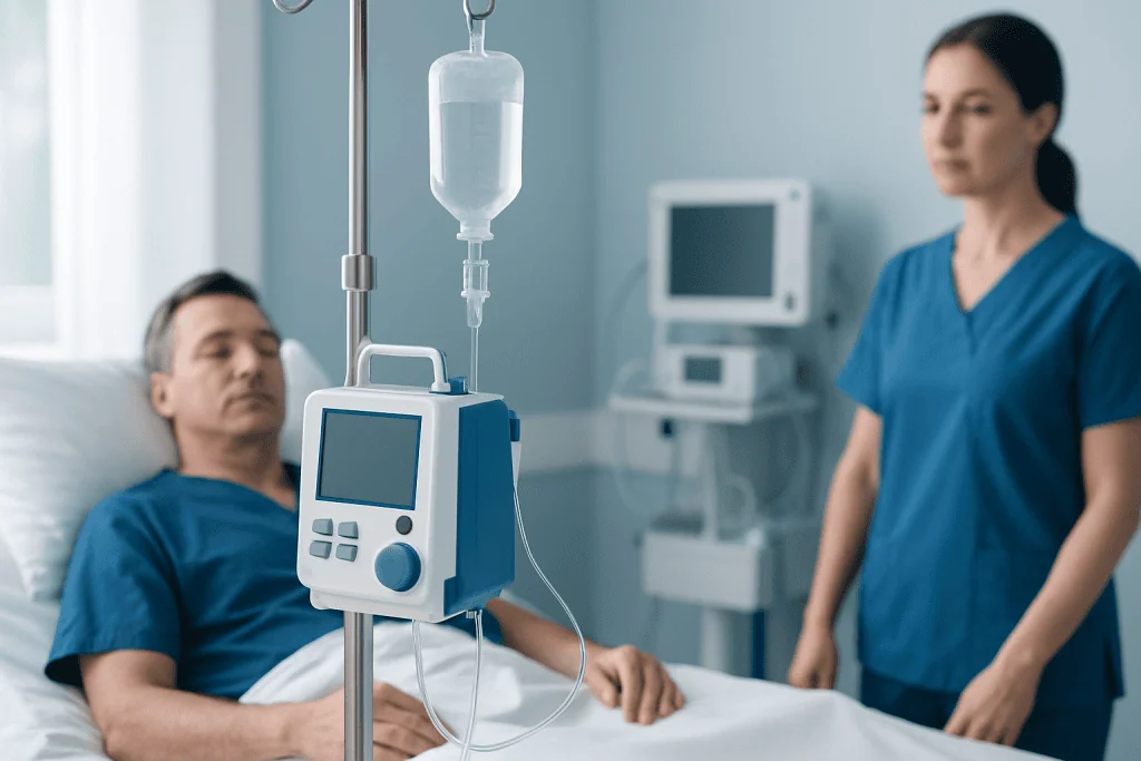 Patient receiving IV therapy in a hospital setting at Acibadem Hospitals Group.
