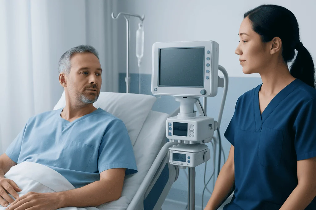 Doctor consulting patient in hospital room with medical equipment.