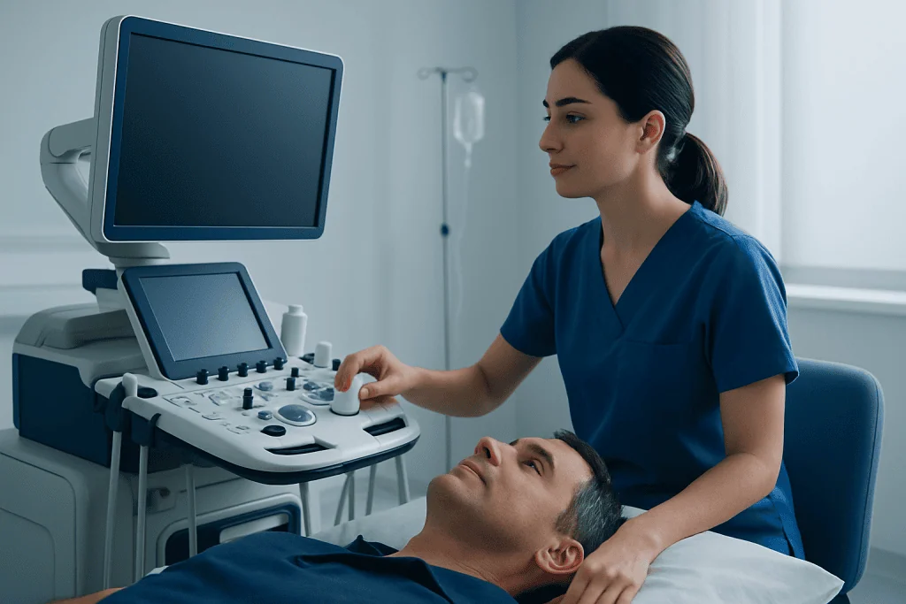 Medical professional performing an ultrasound examination on a patient in a hospital room.