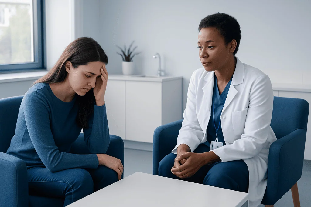 Patient in therapy session with healthcare professional in a clinical setting.