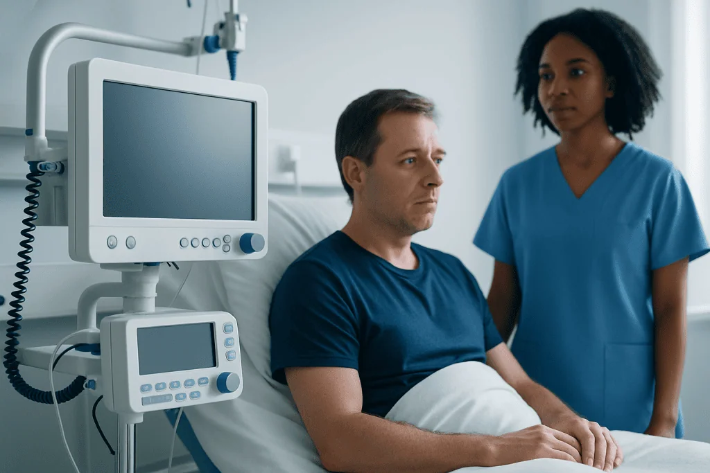 Patient in hospital bed with medical monitor and nurse nearby.