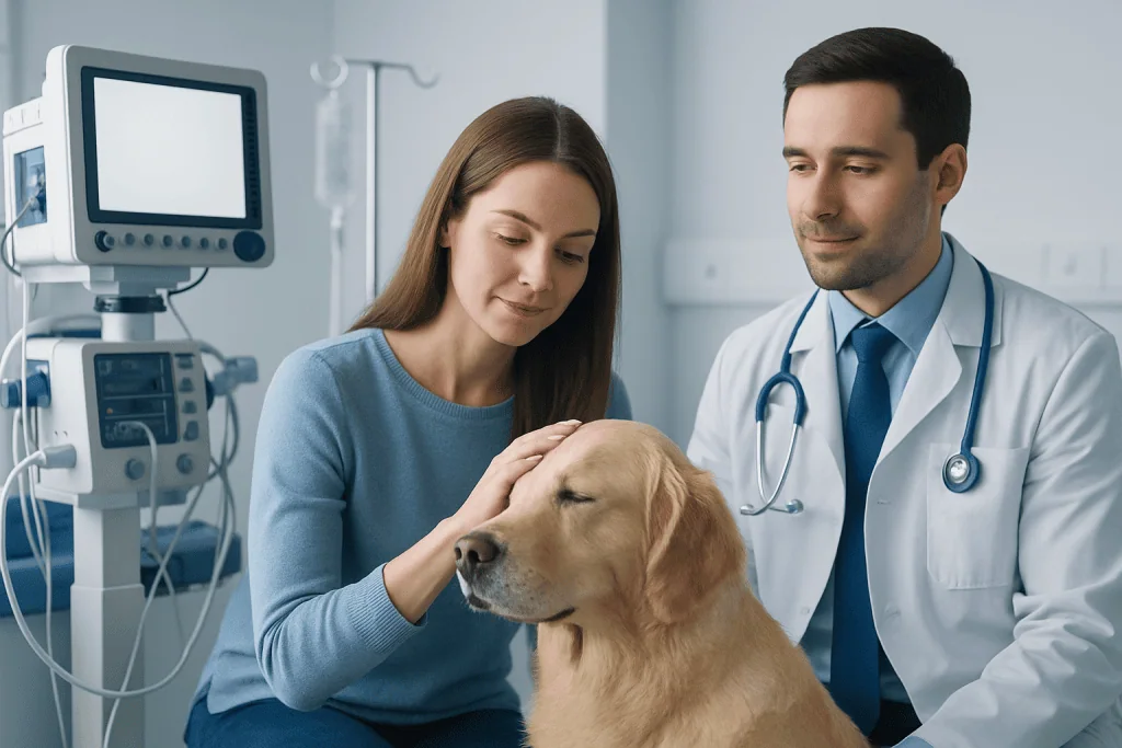 Woman petting a therapy dog in a medical setting for emotional support.