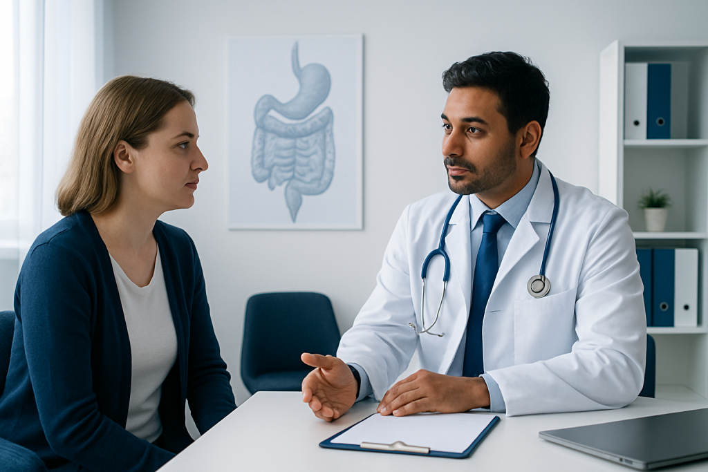 Doctor consulting with a female patient in a medical office.