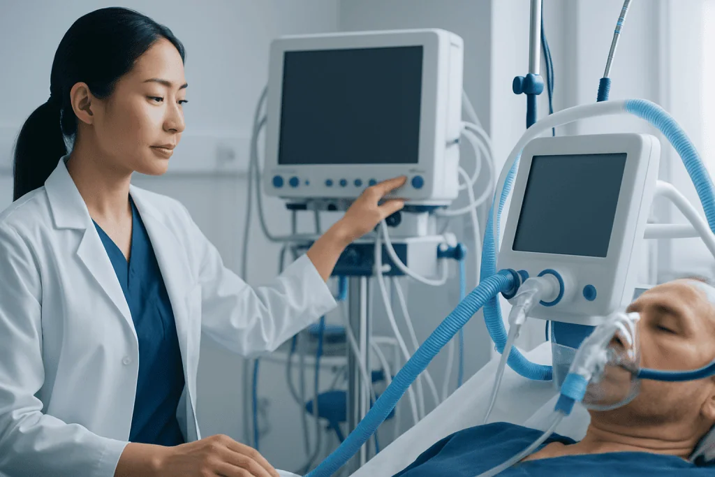 Medical professional monitoring patient with ventilator in hospital ICU.